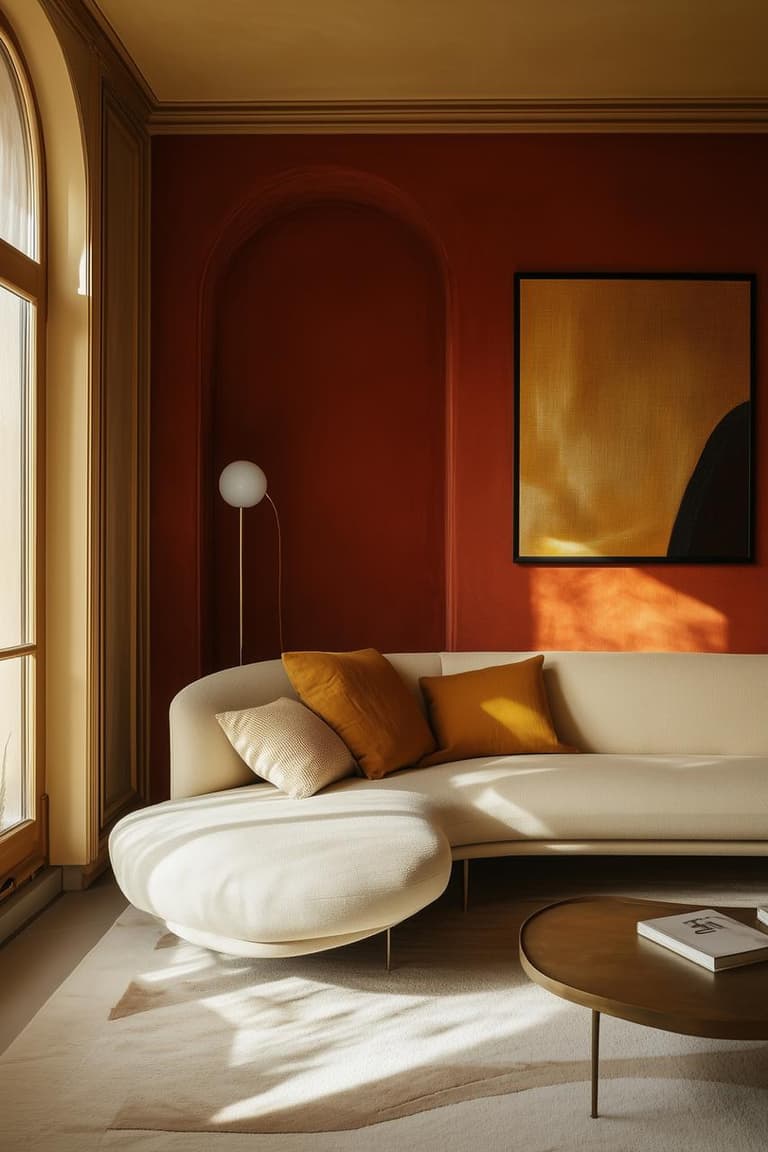 Salon avec mur terracotta mouluré, canapé blanc arrondi, coussins ocre, tapis écru et lumière dorée entrant par une fenêtre cintrée