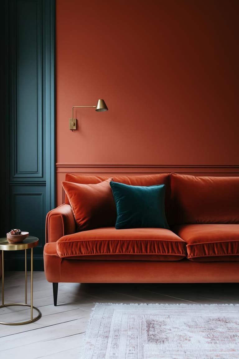 Canapé en velours orange devant un mur terracotta mouluré et des boiseries bleu nuit, coussin vert émeraude, table d’appoint en laiton et tapis clair