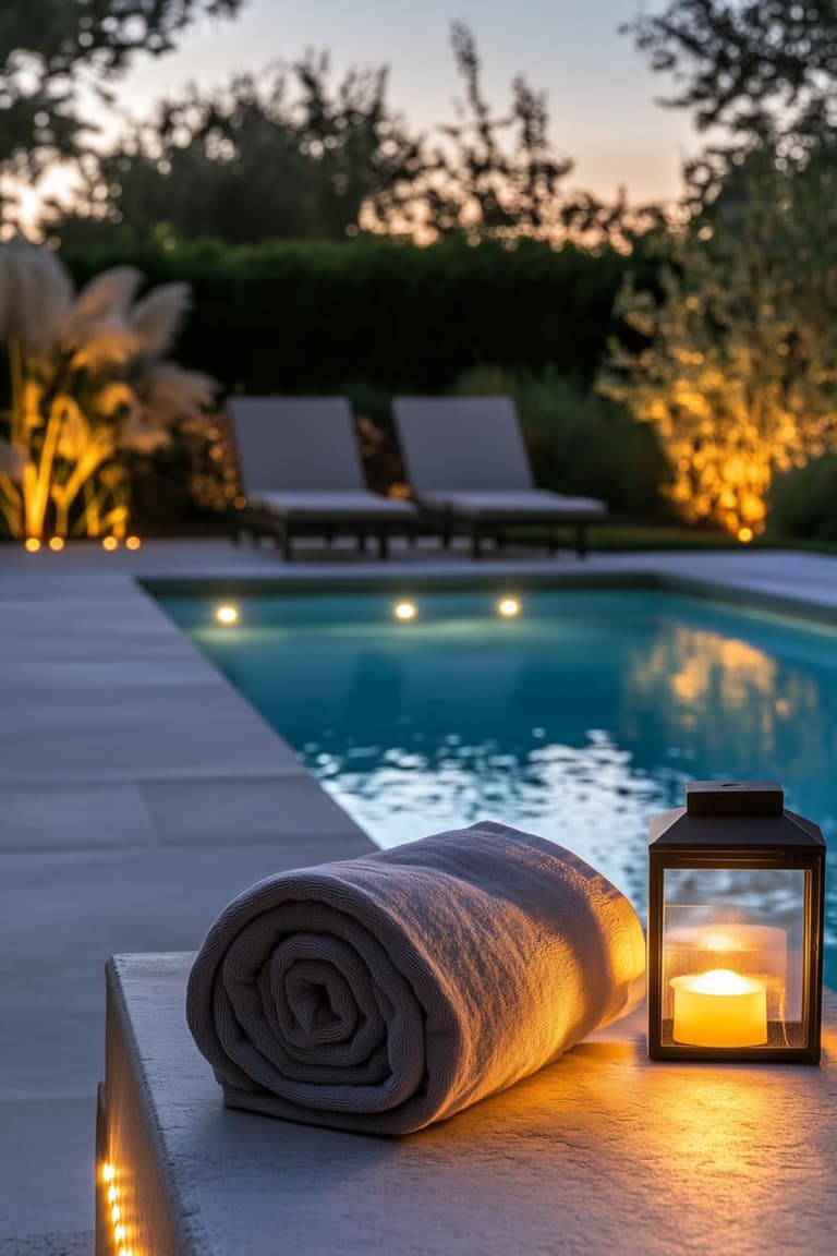 serviette roulée et lanterne allumée sur un rebord de piscine au crépuscule, avec transats et éclairage doux dans le jardin