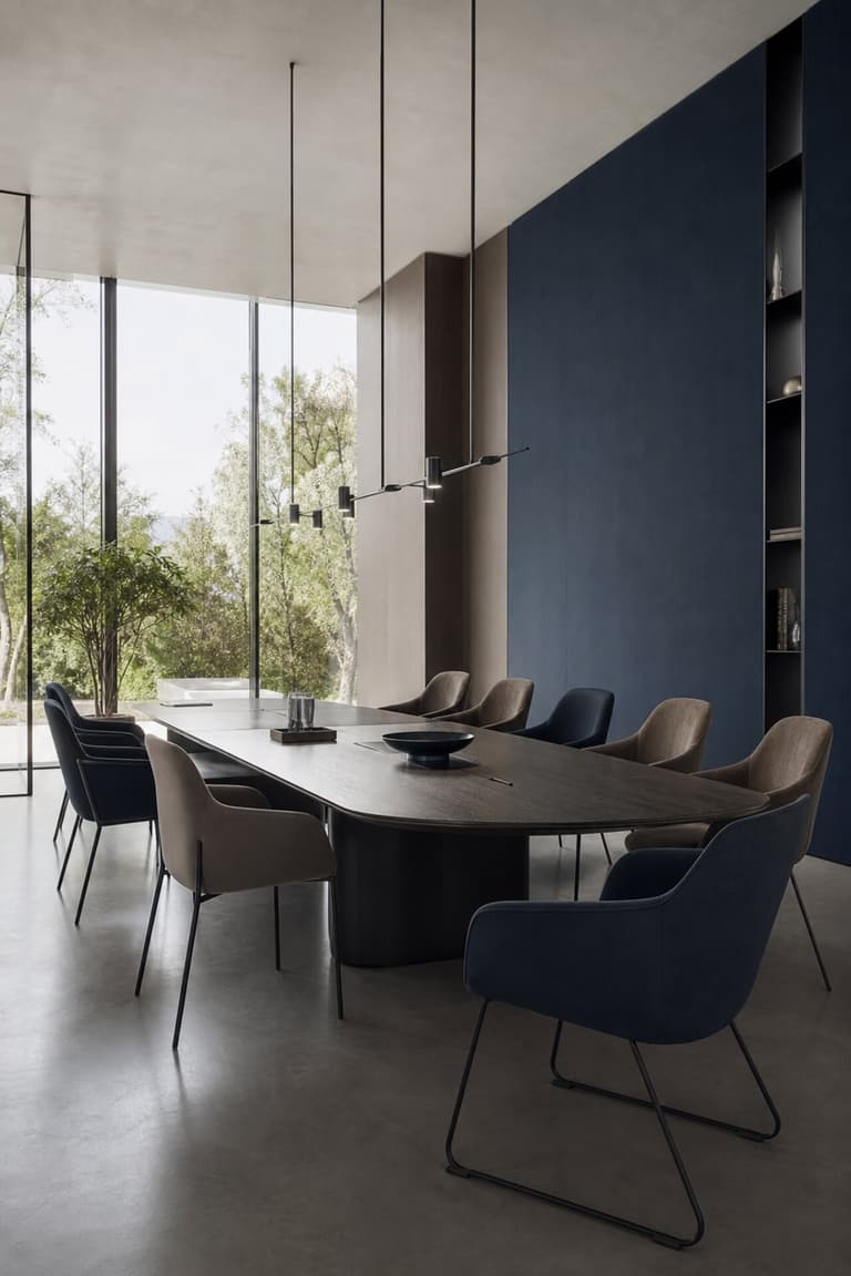 salle de réunion lumineuse avec fauteuils bleu nuit, taupe et noir aux silhouettes fines et enveloppantes