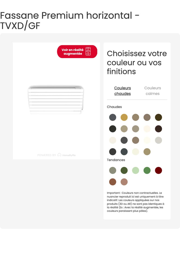 Interface du simulateur My Acova 3D avec radiateur, palette de couleurs et bouton de réalité augmentée
