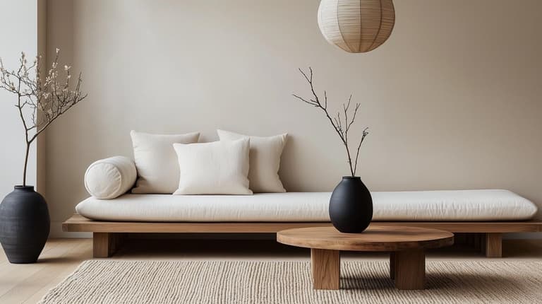 Banquette basse en bois, coussins blancs, table basse ronde et vases noirs dans un salon japandi aux matières naturelles.