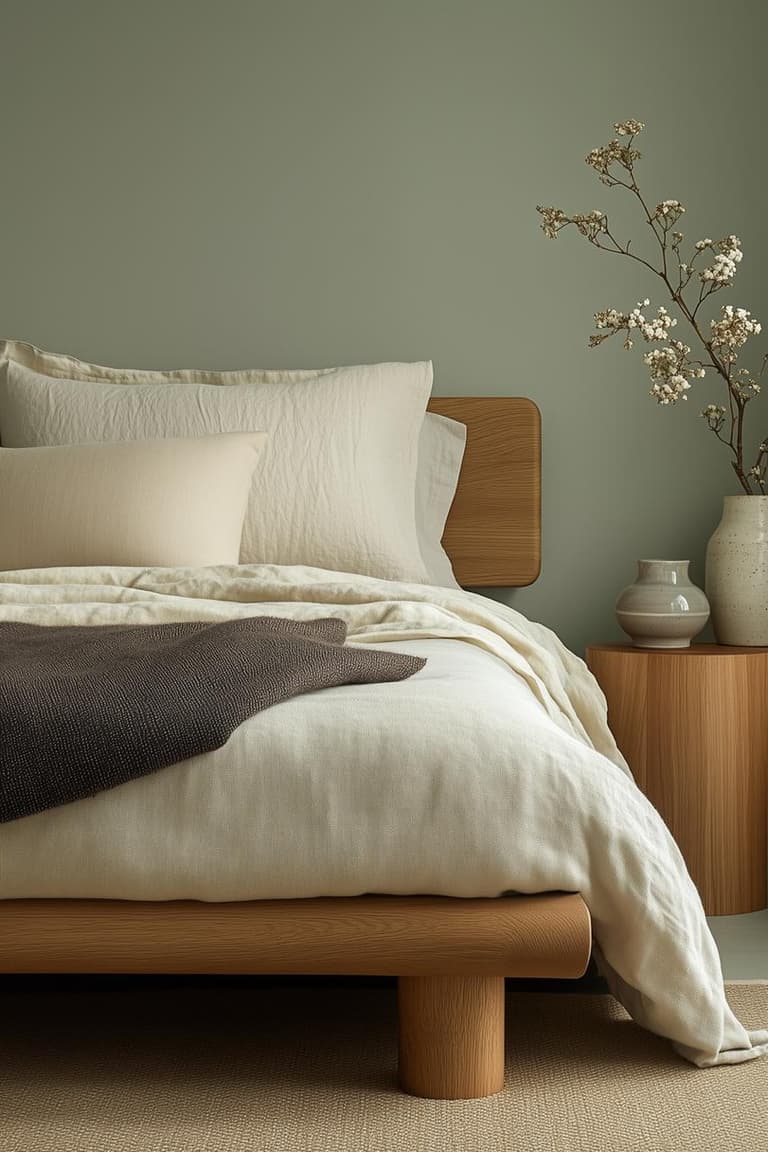 Chambre japandi avec lit en bois clair, linge de lit blanc froissé, plaid brun, mur vert sauge et vase fleuri sur table de chevet.