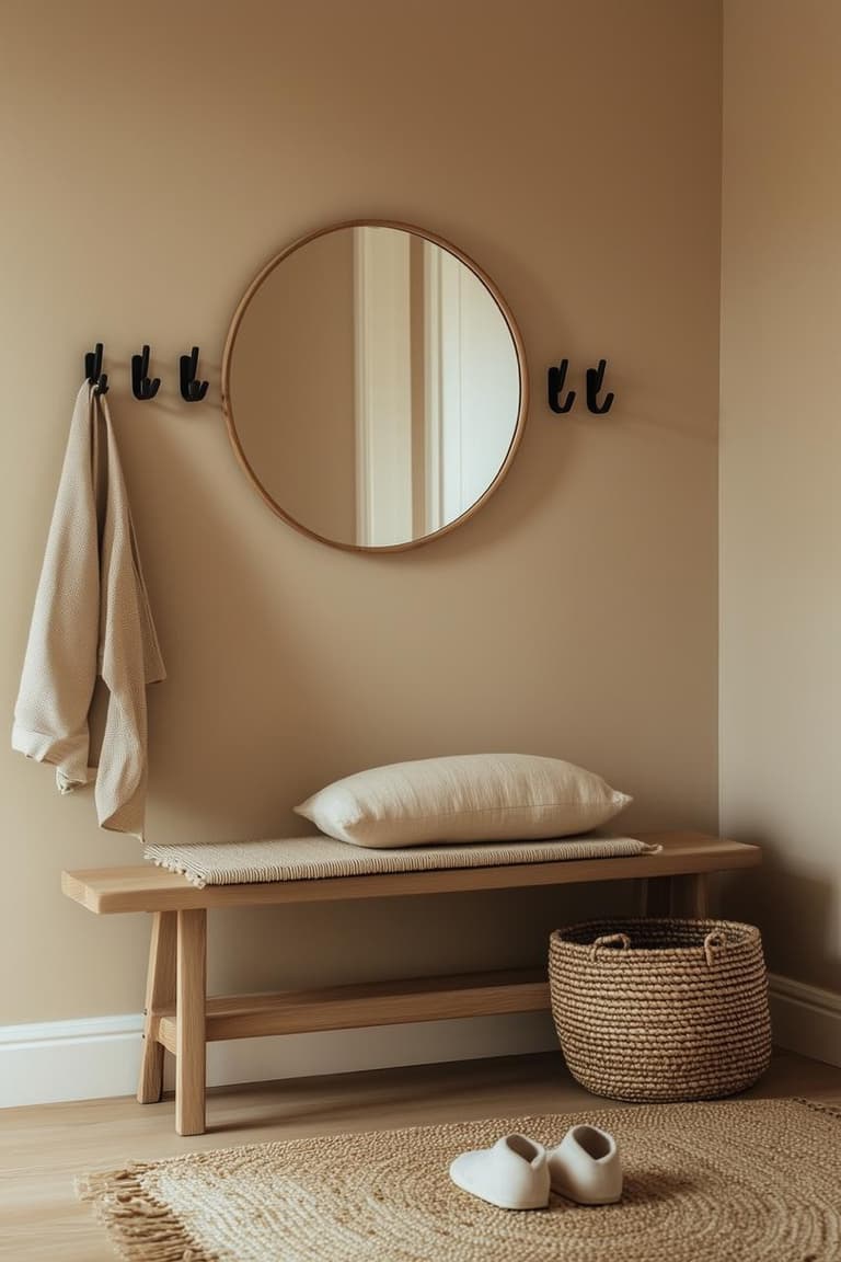 Entrée japandi avec banc en bois clair, miroir rond, patères noires, panier tressé, coussin blanc et tapis naturel.