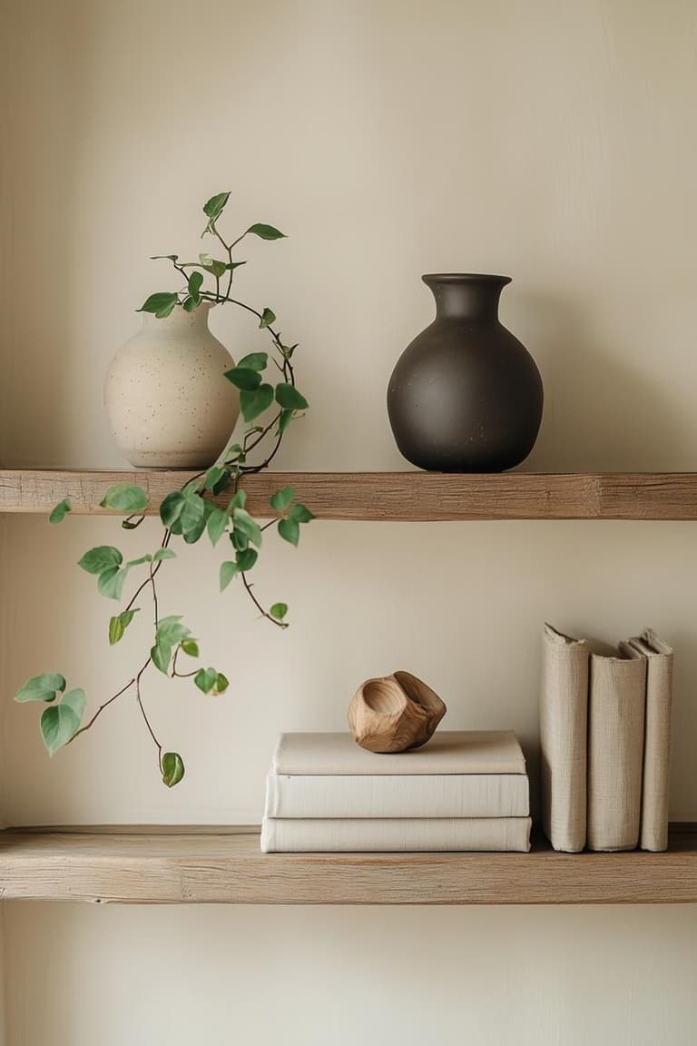 Étagères en bois clair avec vases artisanaux, livres en lin et plante retombante dans une décoration japandi naturelle.