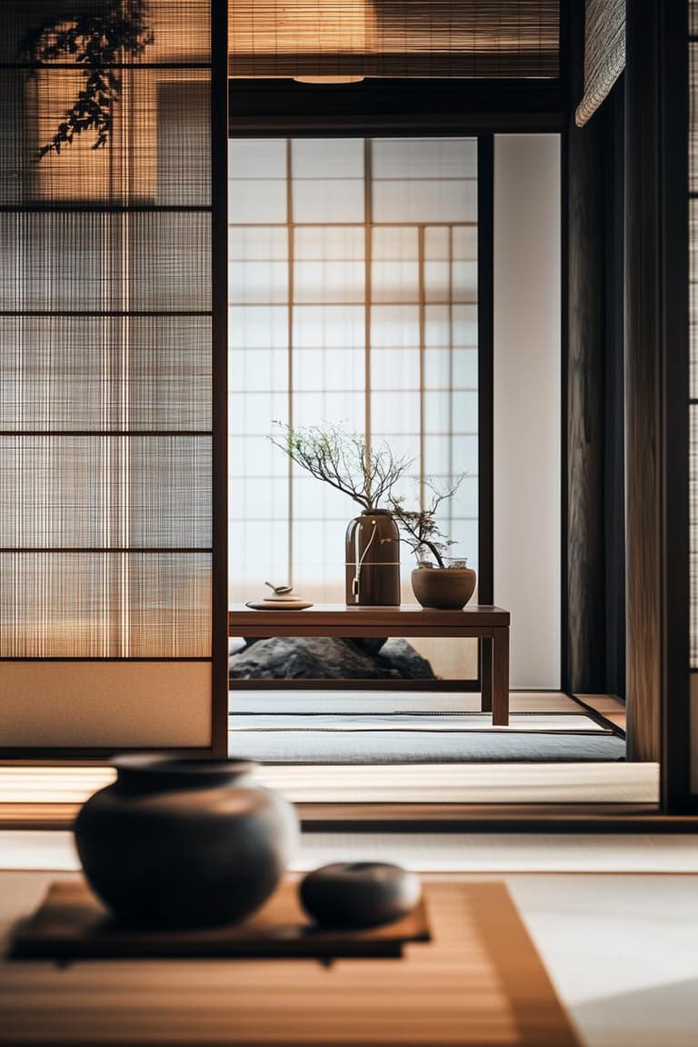 Intérieur d’inspiration japonaise avec cloisons shoji, tatami, table basse en bois foncé et céramiques artisanales.