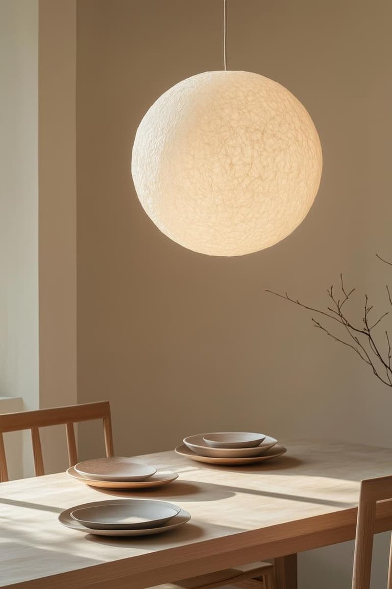 Salle à manger japandi avec table en bois clair, assiettes en céramique mate, suspension boule en papier et lumière naturelle douce.