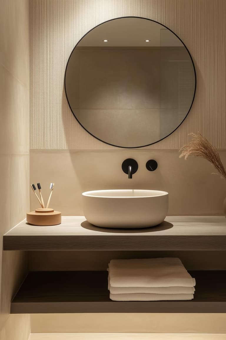 Salle de bain japandi avec meuble en bois clair, vasque blanche, miroir rond noir, robinetterie noire et mur texturé beige.