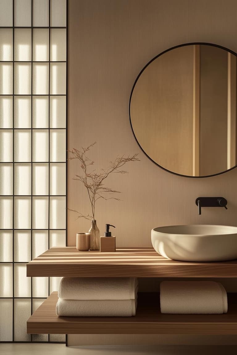 Salle de bain japandi avec meuble en bois, vasque blanche, miroir rond noir, robinet mural et cloison shoji lumineuse.