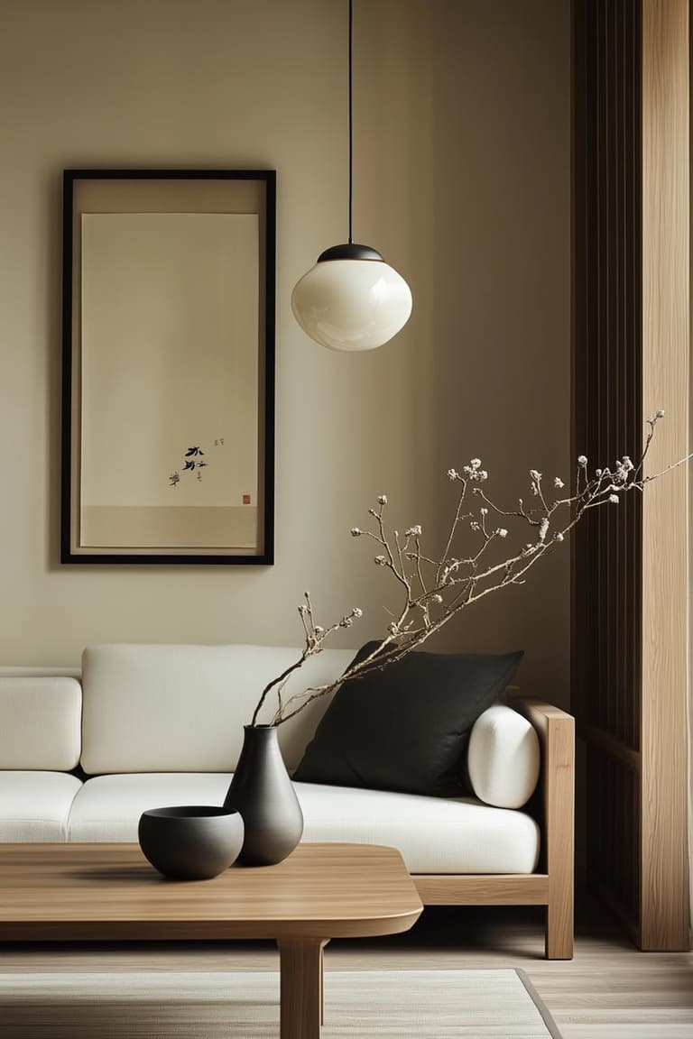 Salon japandi avec canapé blanc, table basse en bois clair, vase noir mat, branche fleurie et suspension globe.