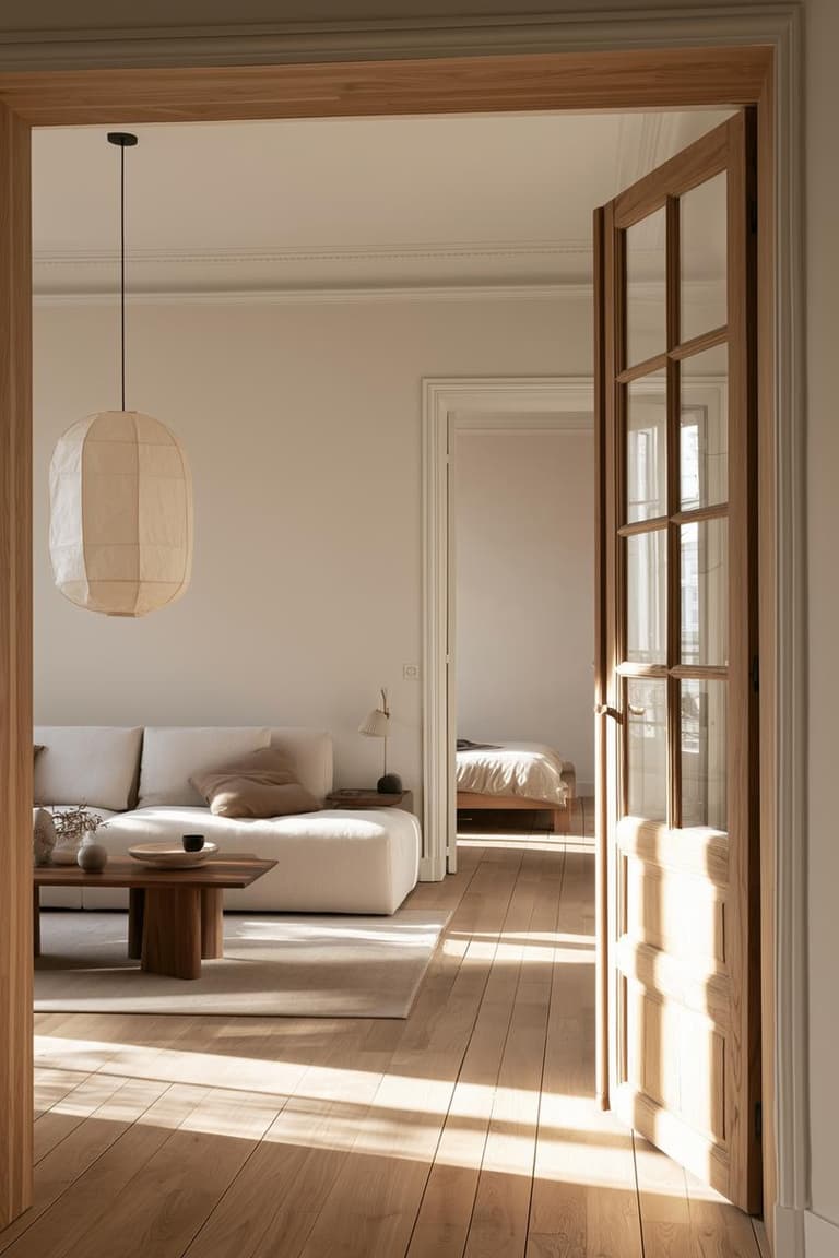 Salon lumineux de style japandi avec canapé blanc, table basse en bois, suspension en papier et parquet clair dans un appartement ancien.