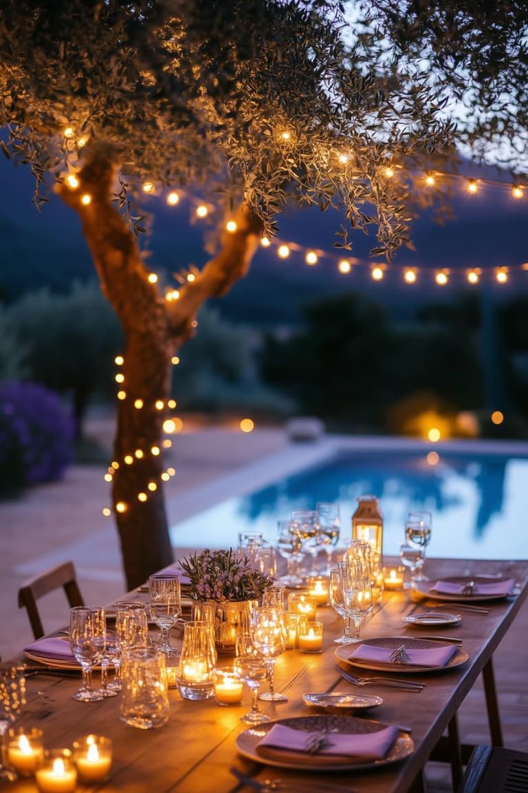 grande table extérieure dressée près de la piscine avec bougies, serviettes pastel, arbre illuminé et guirlandes lumineuses au crépuscule