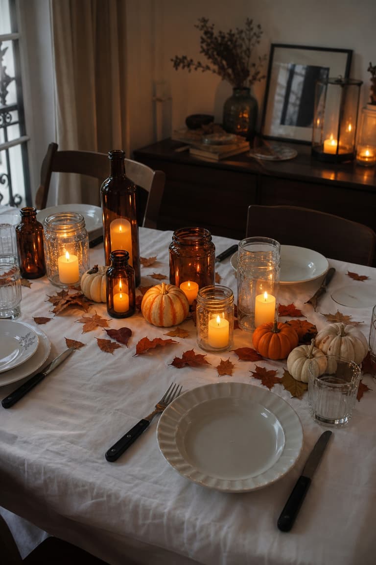 table d'Halloween petit budget avec drap blanc, bocaux en verre, bouteilles ambrées, bougies LED et mini courges