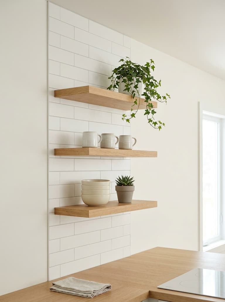 Étagères murales en bois dans une petite cuisine avec vaisselle claire, plante et rangement vertical déco