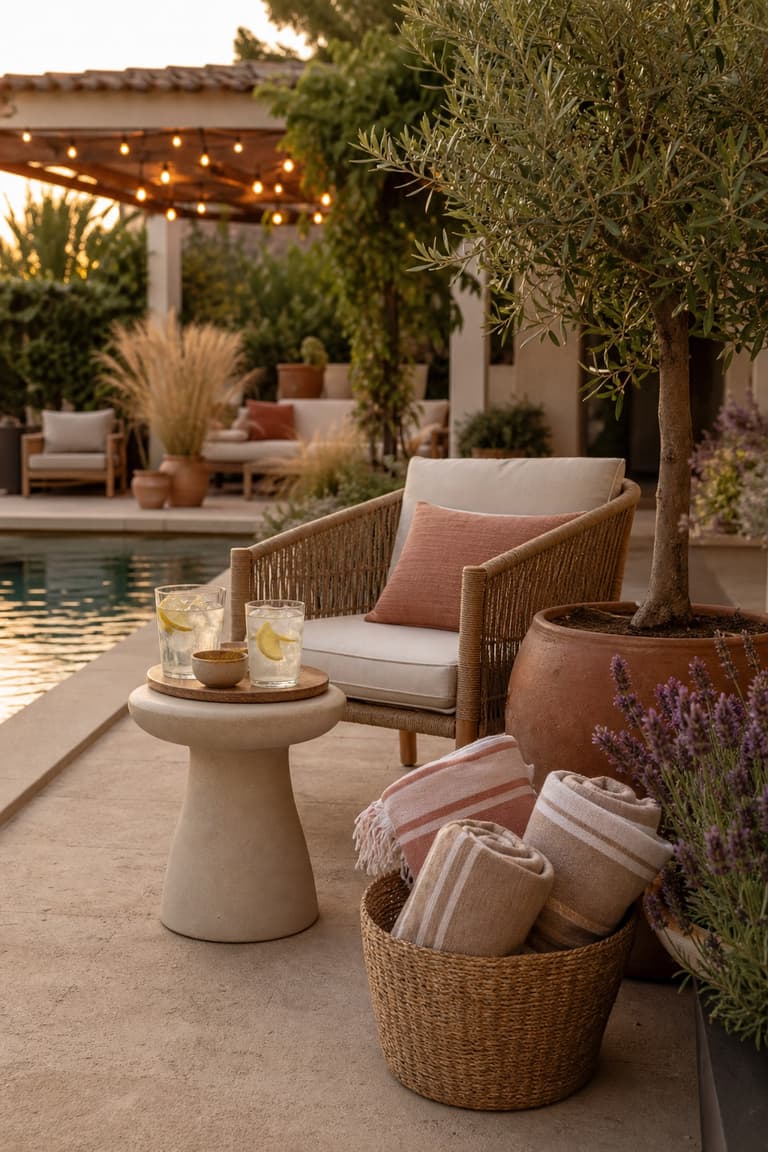 terrasse de piscine avec fauteuil en rotin, serviettes rayées, olivier en pot, guirlande lumineuse et ambiance de vacances à la maison