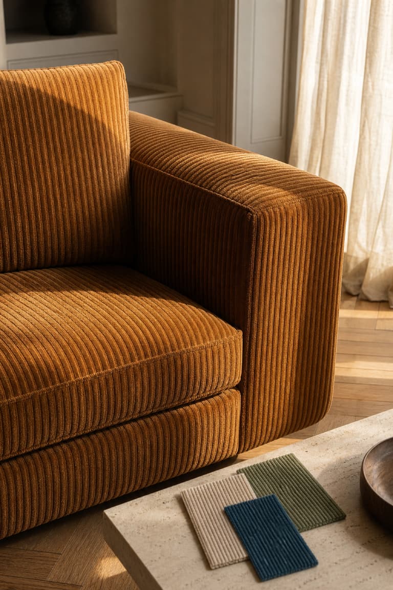 Détail d’un canapé en velours côtelé caramel avec des échantillons de tissu