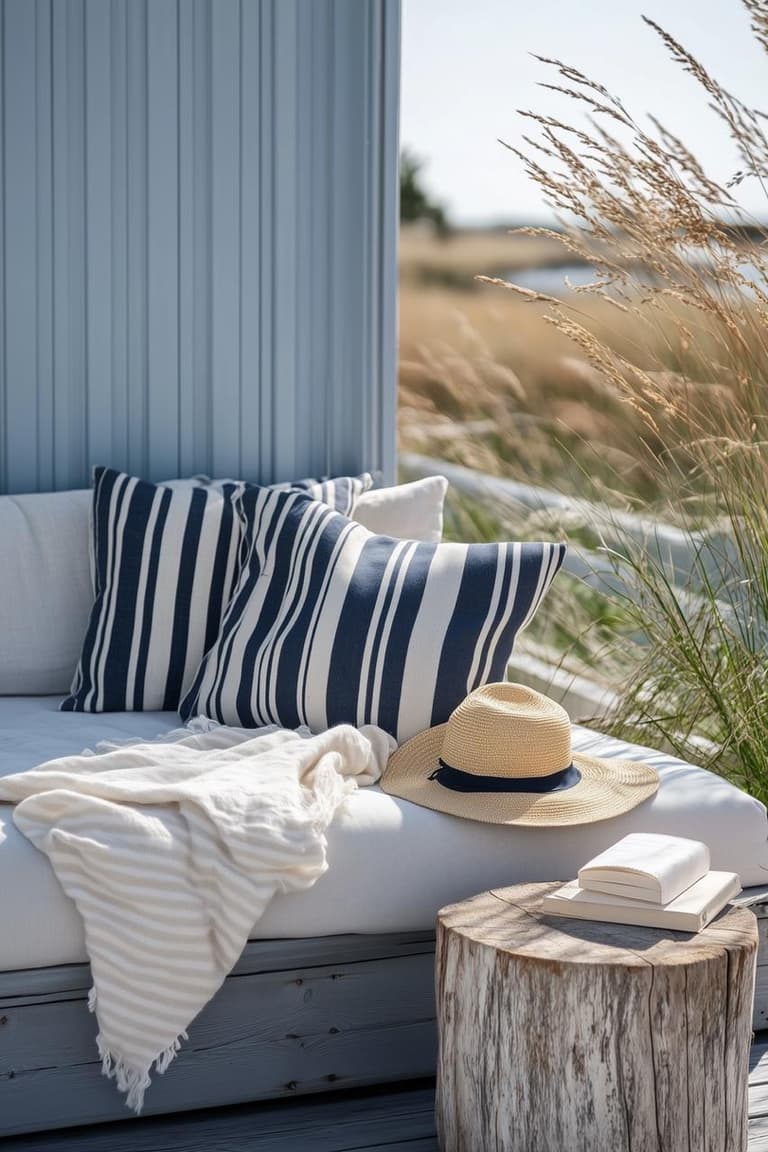 Banquette extérieure aux coussins rayés bleu marine avec chapeau de paille, plaid léger, table en souche de bois et herbes de bord de mer