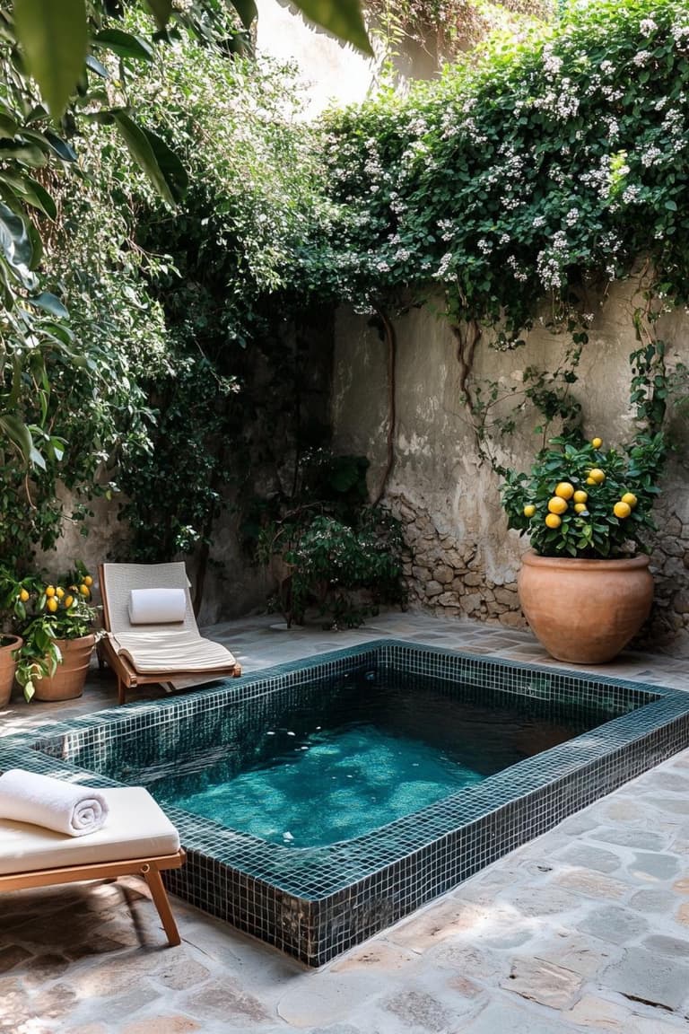 Petit bassin en mosaïque turquoise dans une cour méditerranéenne avec murs en pierre, plantes grimpantes, citronnier en pot et transats