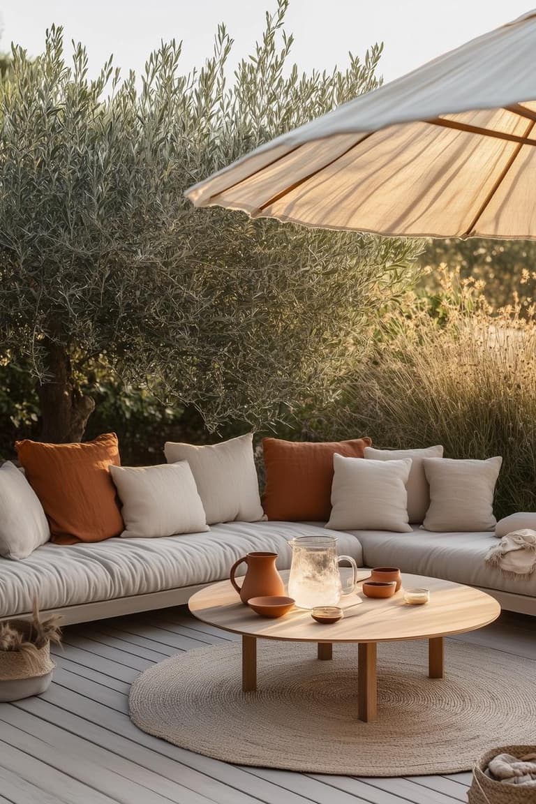 Salon de jardin bas aux coussins blancs et terracotta avec table ronde en bois, tapis tressé, olivier et lumière dorée de fin de journée