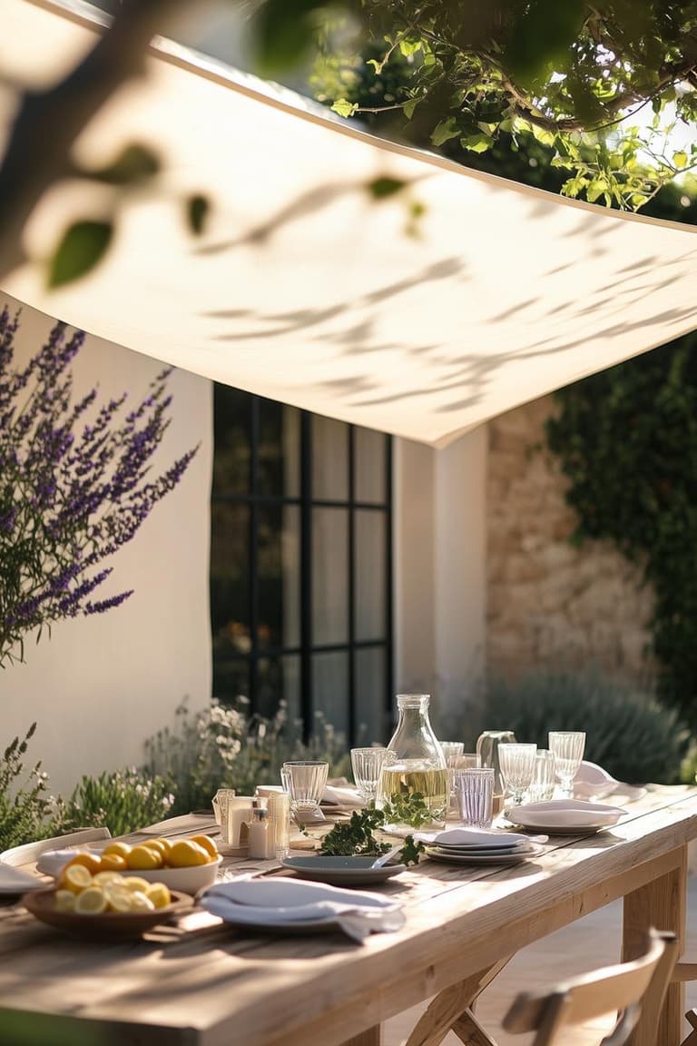 Transformer son jardin en espace de vacances avec une table d’été dressée sous une voile d’ombrage crème, des citrons et des verres cannelés dans un jardin méditerranéen