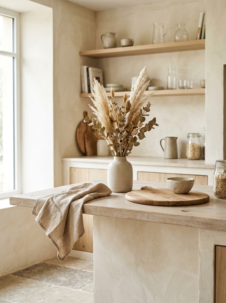 Coin de plan de travail décoré avec herbes séchées, textiles beiges et ambiance nature douce pour l’automne