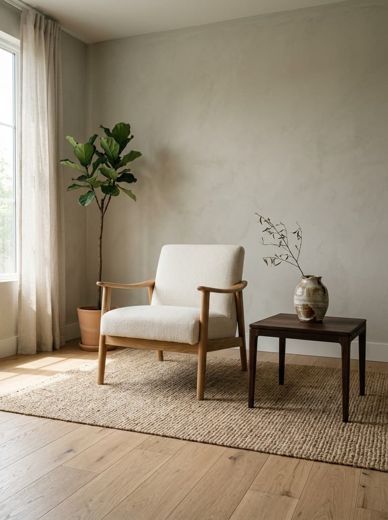 Un coin de lecture Japandi illustrant la fusion des styles, avec un fauteuil scandinave en bois clair et une table d'appoint japonaise en bois foncé.