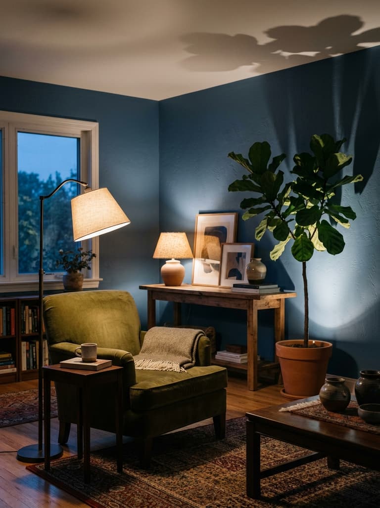 Coin salon éclairé le soir par une lampe sur pied, une lampe à poser et une lumière d’accentuation