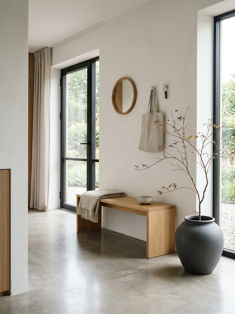 Un coin d'entrée simple et accueillant de style Japandi, avec un banc en bois et une branche dans un pot, invitant au calme.
