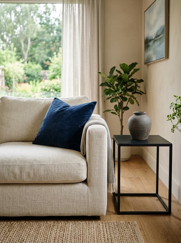 Canapé en lin avec coussin en velours, plaid texturé et vase en céramique mate