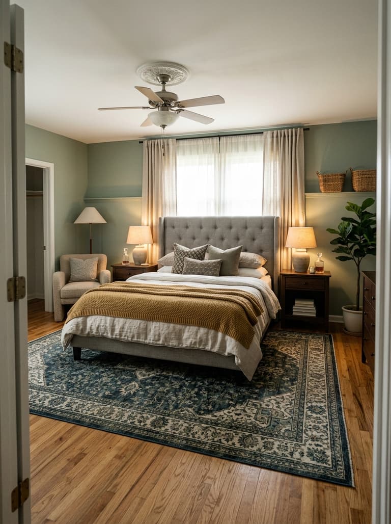 Chambre harmonieuse avec tête de lit, textures douces et éclairage symétrique