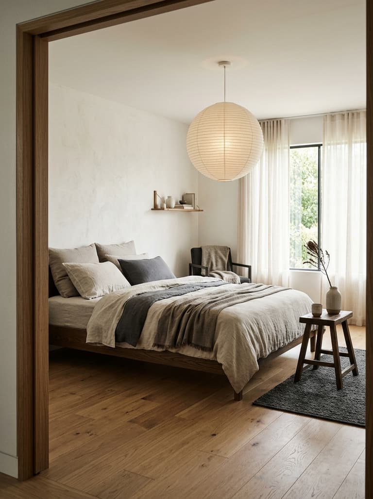 Une chambre à coucher sereine de style Japandi, mettant en vedette un lit bas en bois, des draps en lin et une suspension en papier.