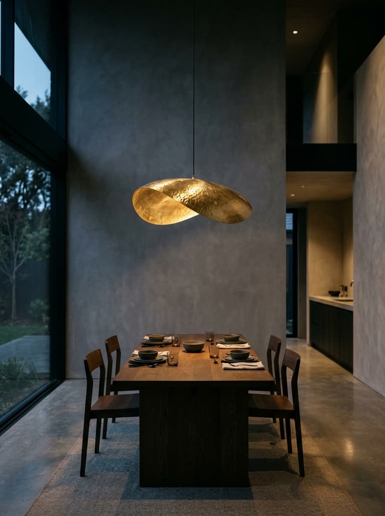 Suspension sculpturale en laiton au-dessus d’une table de salle à manger dans un intérieur minimaliste