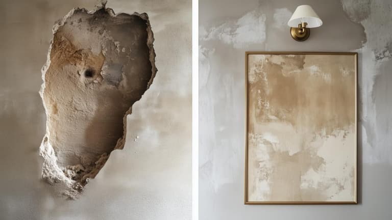 avant après d’un mur abîmé rebouché puis préparé avec du MAP et de l’enduit avant peinture