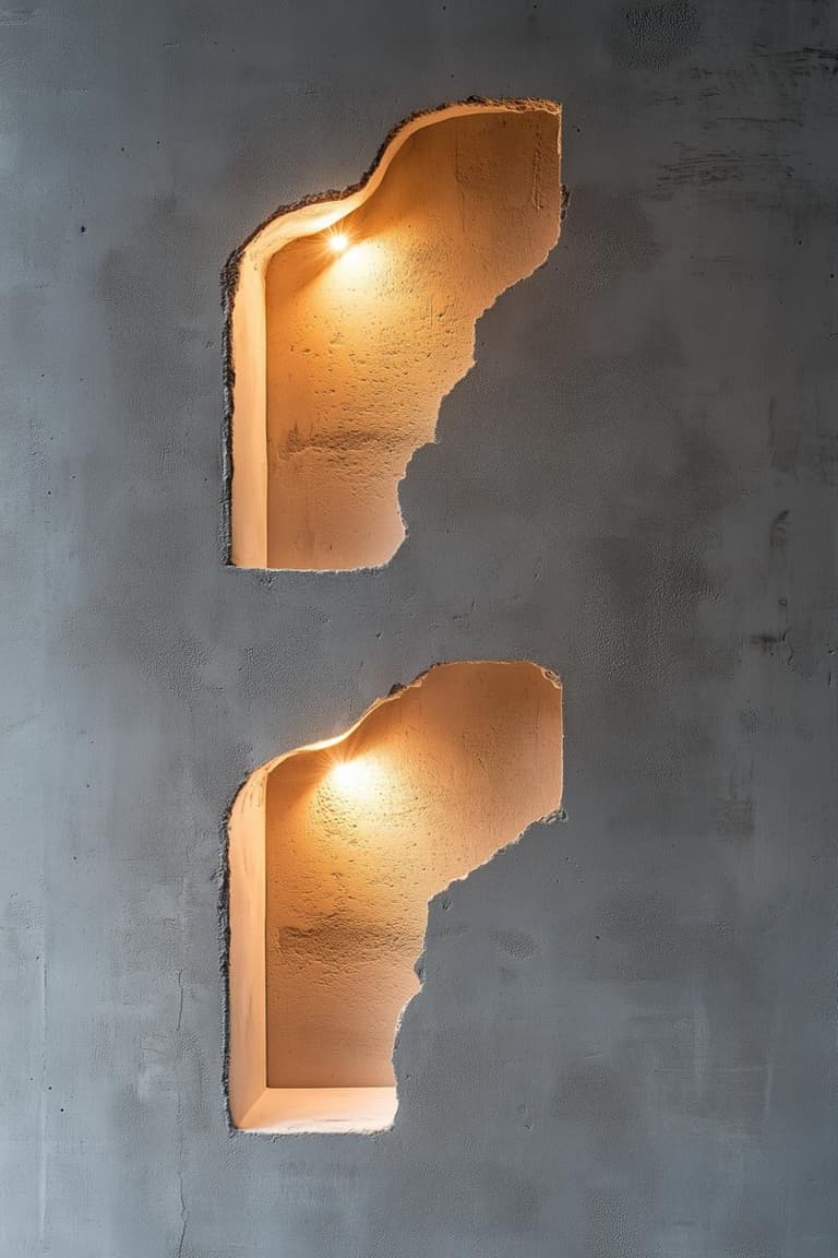 mur gris texturé avec deux niches irrégulières éclairées montrant un effet décoratif en enduit