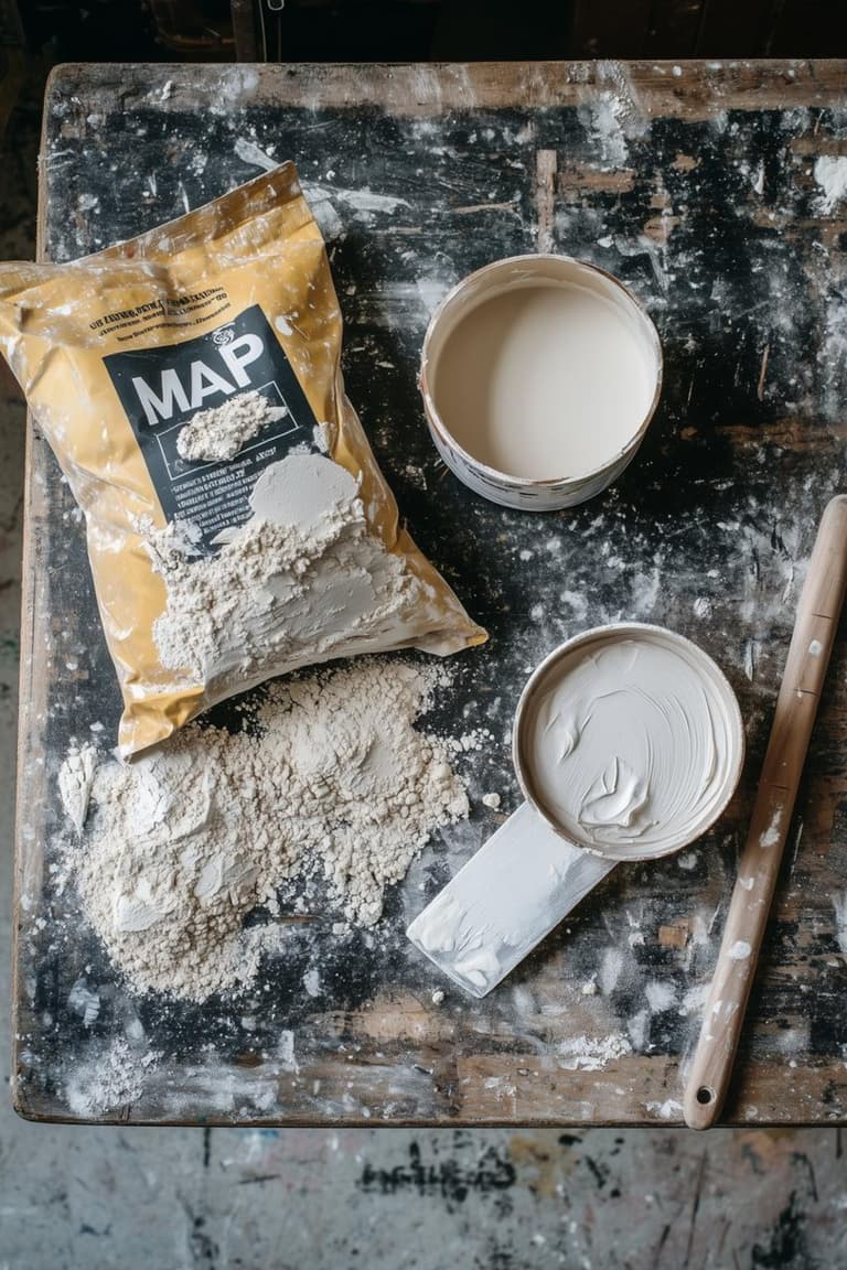 sac de MAP ouvert, poudre blanche, enduit mélangé et spatule sur une table de bricolage