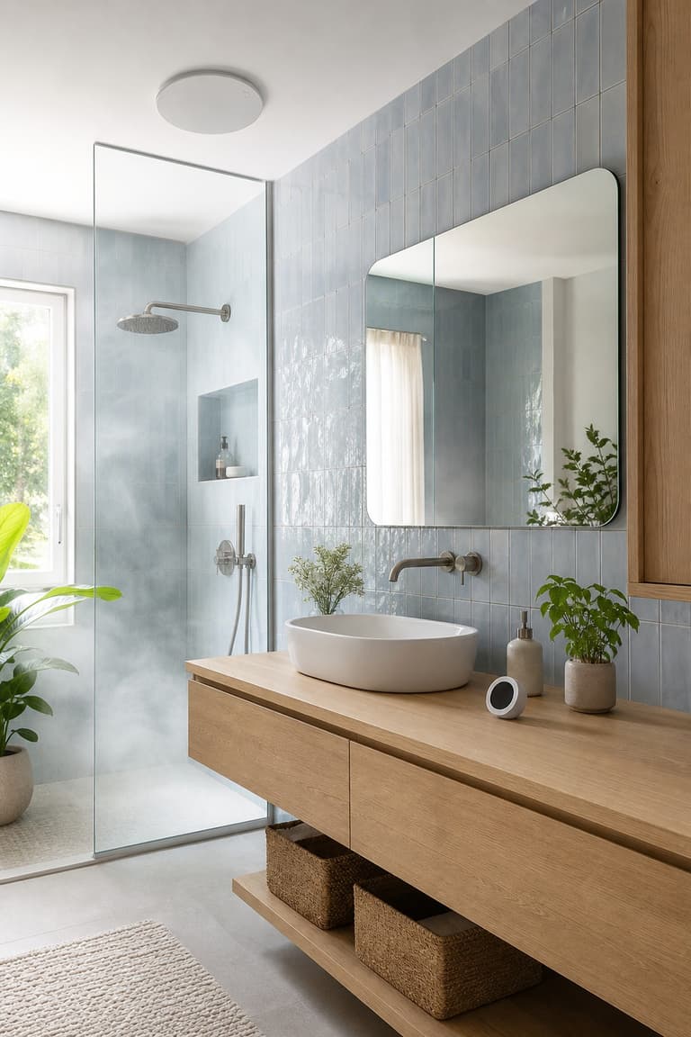 Salle de bain avec bouche de ventilation au plafond et capteur d’humidité posé sur le meuble vasque