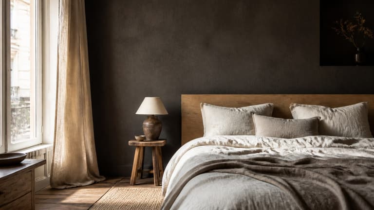 Chambre wabi-sabi aux murs sombres, avec lit en chêne, linge de lit froissé et lumière naturelle
