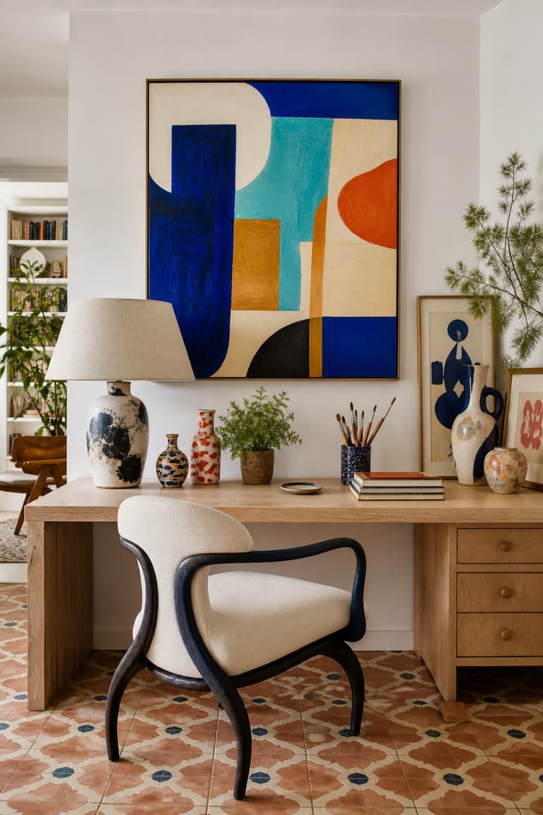 Bureau en bois clair avec tableau abstrait coloré et céramiques artisanales