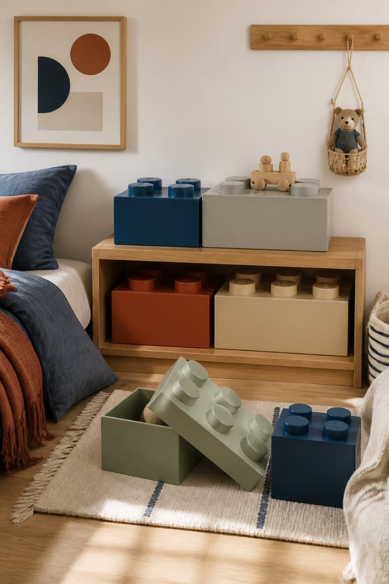 Boîtes de rangement en forme de briques LEGO dans une chambre d’enfant contemporaine.
