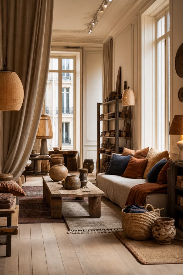 Boutique déco parisienne avec mobilier en bois, textiles naturels et coussins colorés