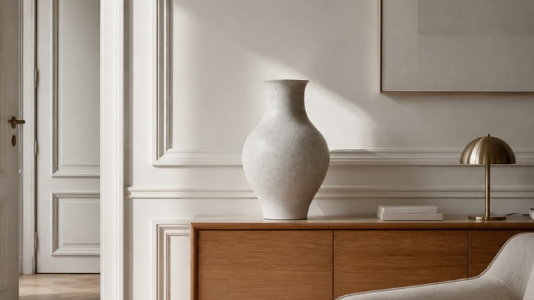 Intérieur parisien neutre et chic avec mobilier et objets décoratifs fabriqués en France