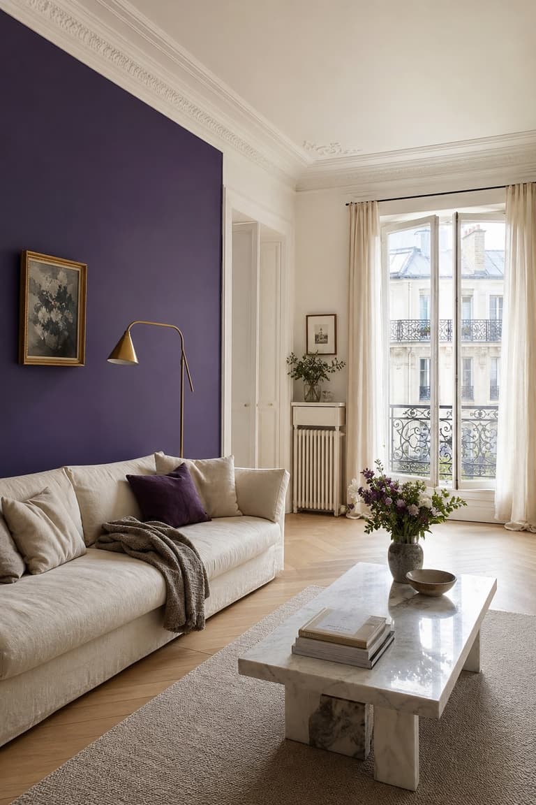 Salon avec un seul mur peint en violet profond pour équilibrer une couleur forte.