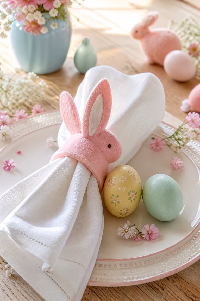 Rond de serviette lapin rose en feutrine autour d’une serviette blanche sur une assiette de Pâques