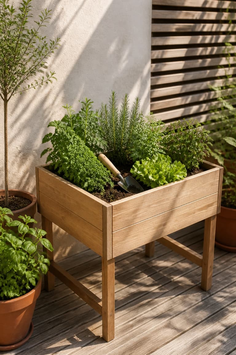 Potager sur pieds en bois rempli de laitues et d’herbes aromatiques sur une terrasse