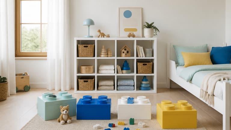 Chambre d’enfant lumineuse avec meuble blanc et boîtes de rangement colorées en forme de briques.