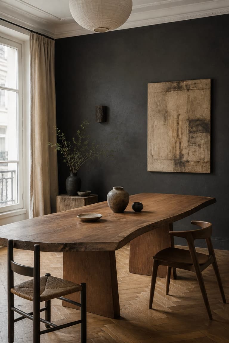 Salle à manger avec table en bois patiné, meuble à tiroirs bleu et mur sombre