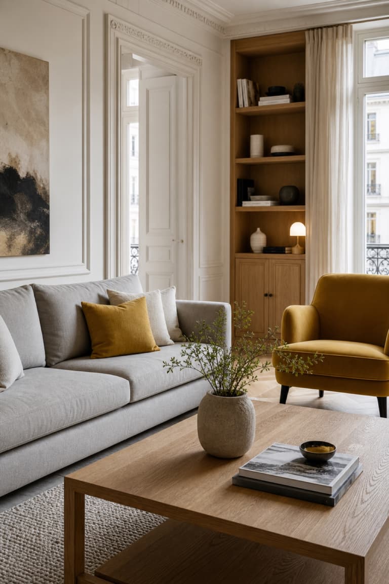 Salon lumineux avec canapé gris clair, fauteuil jaune moutarde, bois naturel et coussins coordonnés.