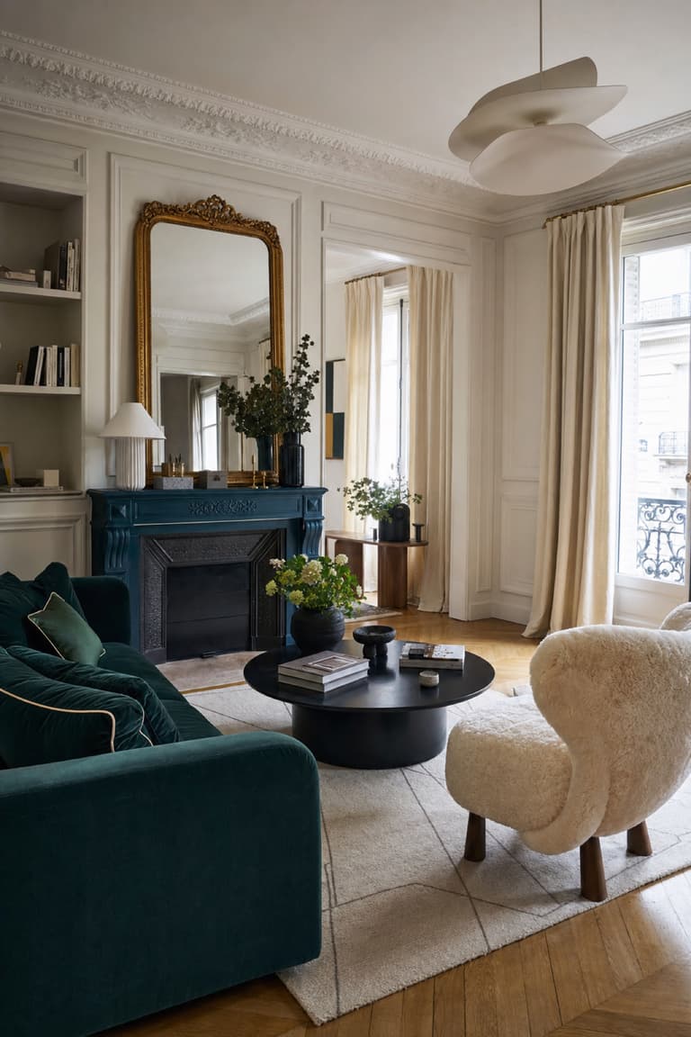 salon lumineux avec cheminée bleu pétrole, canapé vert forêt, fauteuil blanc et parquet en bois