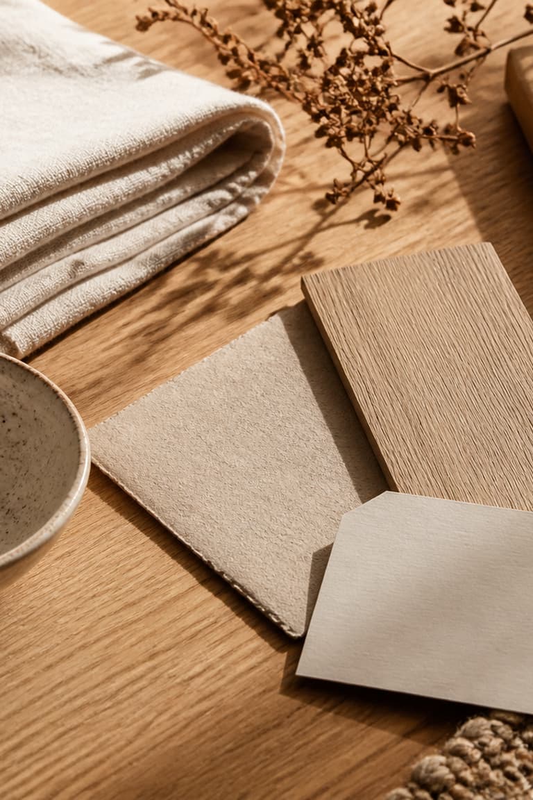 Échantillons de bois, lin, céramique et matières naturelles pour une décoration responsable