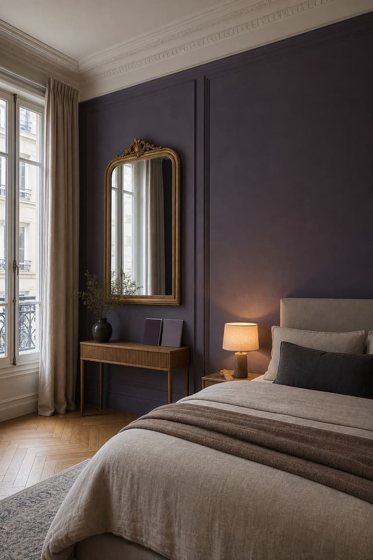 Chambre violette observée dans une lumière naturelle et une lumière chaude.